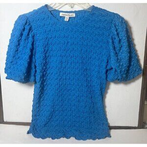 Charmed Hearts Blue Textured Puff-Sleeve‎ Popcorn Bubble Top XSmall.      Cc